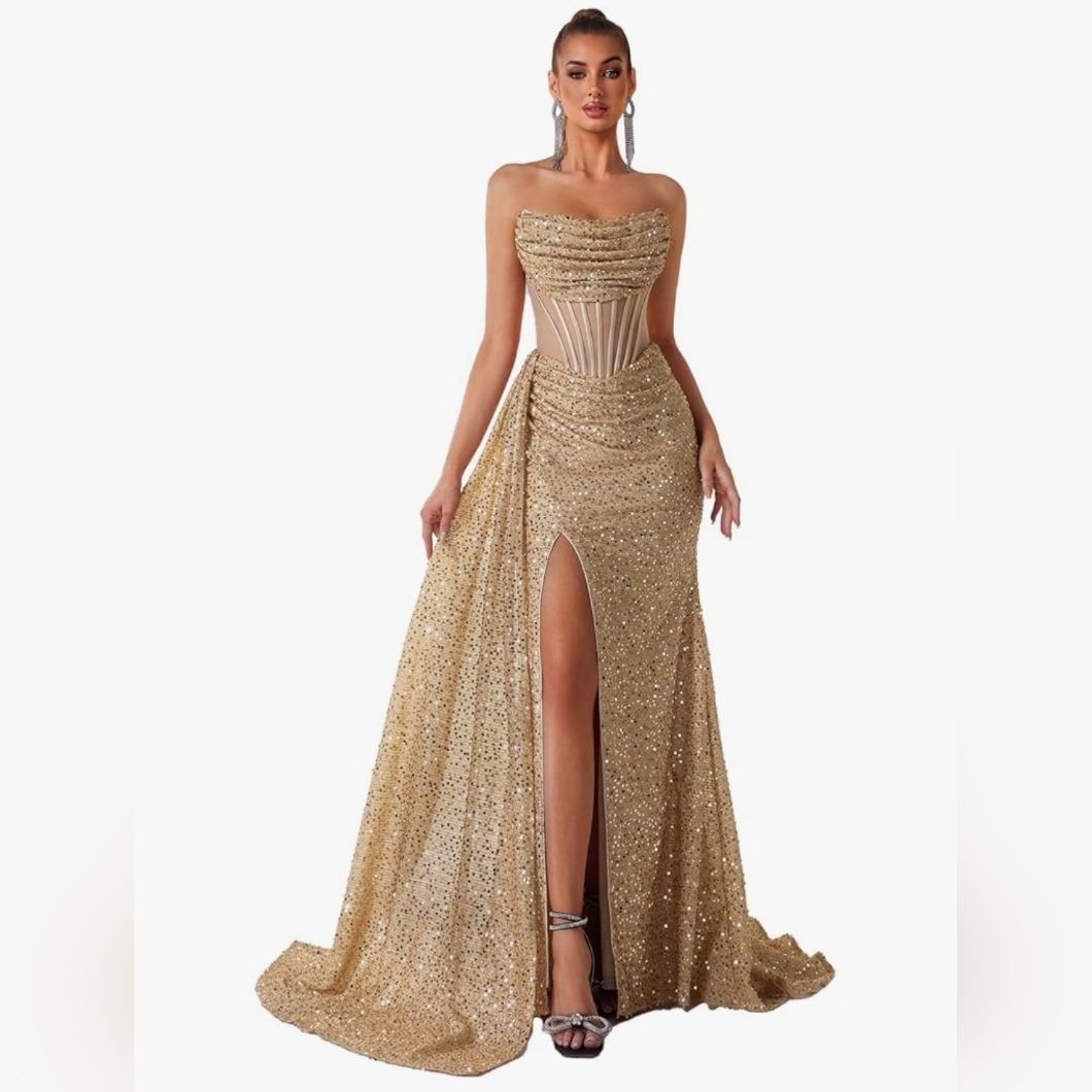 Gold Sequin Strapless Corset Evening Gown With High Slit